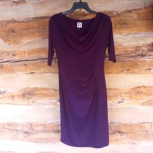 Anne Klein Eggplant Short Sleeved Draped Front Midi Dress Size 6